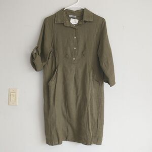 Elena Baldi Shirt Dress S Green 100% Linen Tunic Roll Tab Lagenlook Italy New